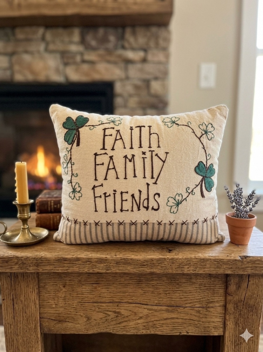 Vintage Faith Family Friends Embroidered Accent Pillow
